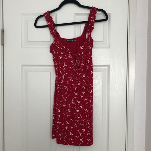 red floral print frill detail shift dress
